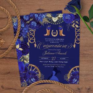 Royal Blue Elegant Roses + Gold Charro Quinceanera