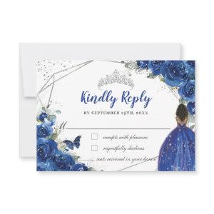 Royal Blue Floral Brown Princess Quinceañera XV 16 RSVP Card