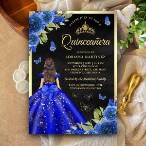 Royal Blue Floral Butterfly Black Gold Quinceanera