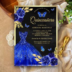 Royal Blue Floral Butterfly Black Gold Quinceanera