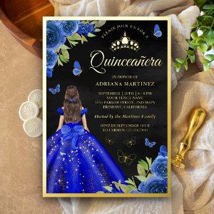 Royal Blue Floral Butterfly Black Quinceanera Gold Foil