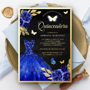 Royal Blue Floral Butterfly Black Quinceanera Gold Foil