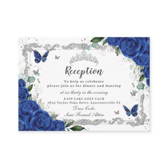 Royal Blue Floral Butterfly Quinceañera Reception Enclosure Card