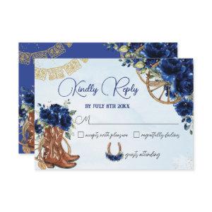 Royal Blue Floral Charro West Quinceañera Reply RSVP Card