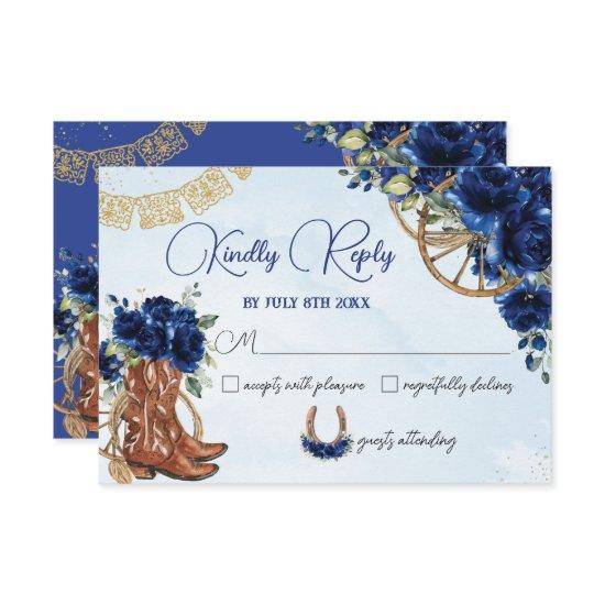 Royal Blue Floral Charro West Quinceañera Reply RSVP Card