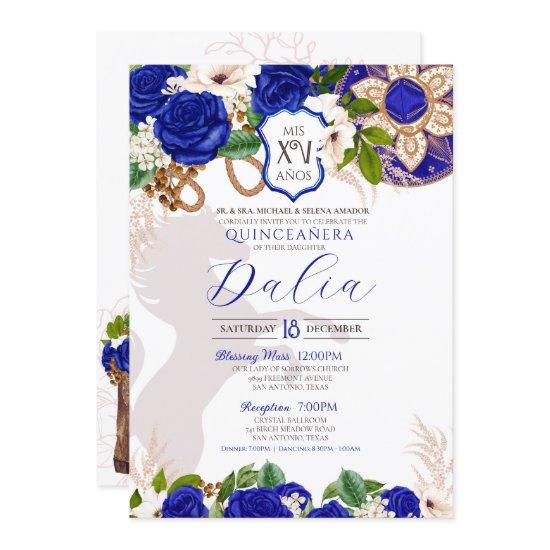 Royal Blue Floral Crest Rose Charro Quinceañera