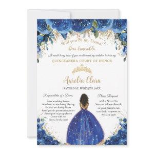 Royal Blue Floral Dama Request Gold Quinceañera XV