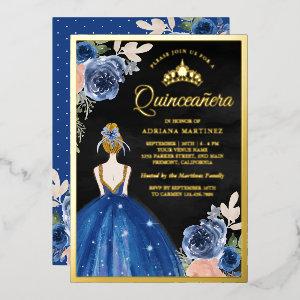 Royal Blue Floral Dress Black Quinceanera Gold Foil