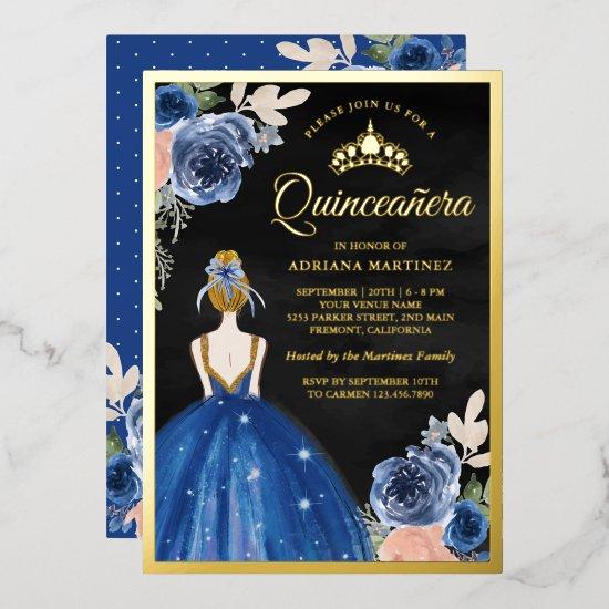Royal Blue Floral Dress Black Quinceanera Gold Foil