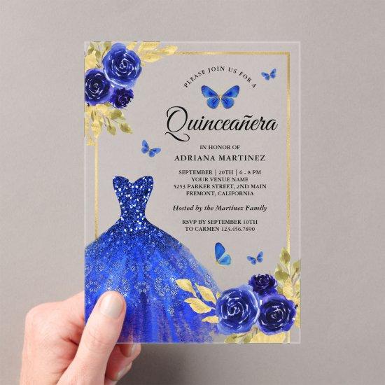 Royal Blue Floral Dress Butterfly Gold Quinceanera Acrylic
