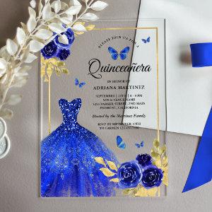 Royal Blue Floral Dress Butterfly Gold Quinceanera Acrylic