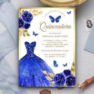 Royal Blue Floral Dress Butterfly Gold Quinceanera