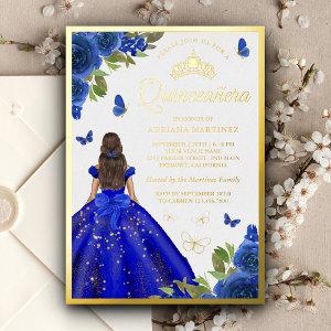 Royal Blue Floral Dress Butterfly Quinceanera Gold Foil