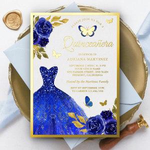 Royal Blue Floral Dress Butterfly Quinceanera Gold Foil