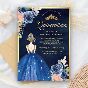 Royal Blue Floral Dress Navy Gold Quinceanera