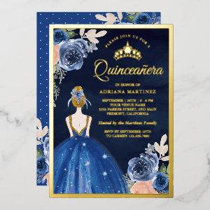 Royal Blue Floral Dress Navy Quinceanera Gold Foil