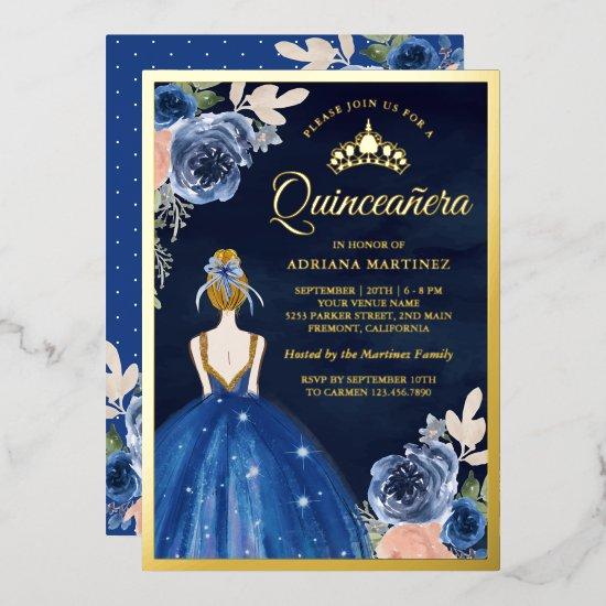 Royal Blue Floral Dress Navy Quinceanera Gold Foil