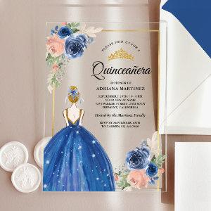 Royal Blue Floral Dress Princess Gold Quinceanera Acrylic