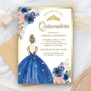 Royal Blue Floral Dress Princess Gold Quinceanera
