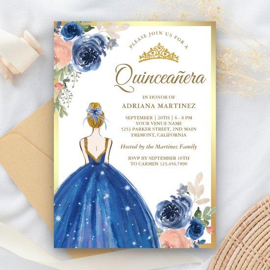 Royal Blue Floral Dress Princess Gold Quinceanera