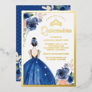 Royal Blue Floral Dress Princess Quinceanera Gold Foil