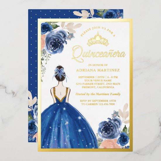 Royal Blue Floral Dress Princess Quinceanera Gold Foil
