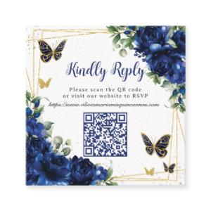 Royal Blue Floral Gold Quinceañera 16 QR Code RSVP Enclosure Card