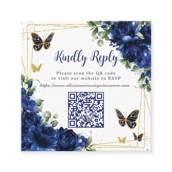 Royal Blue Floral Gold Quinceañera 16 QR Code RSVP Enclosure Card
