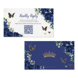 Royal Blue Floral Gold Quinceañera 16 QR Code RSVP Enclosure Card