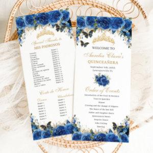 Royal Blue Floral Gold Quinceañera Order of Events Program