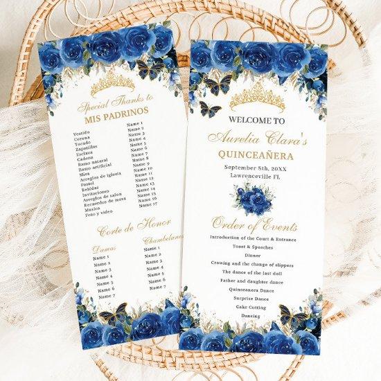 Royal Blue Floral Gold Quinceañera Order of Events Program