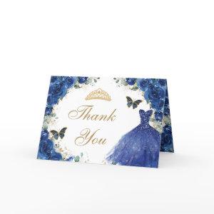 Royal Blue Floral Gold Quinceanera Princess Dress  Thank You Card
