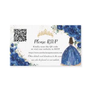 Royal Blue Floral Gold Quinceañera QR Code Enclosure Card