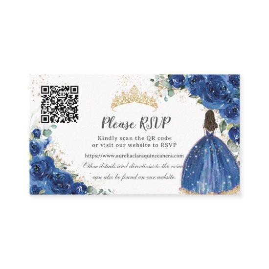 Royal Blue Floral Gold Quinceañera QR Code Enclosure Card