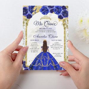 Royal Blue Floral Princess Gold Arch Quinceanera