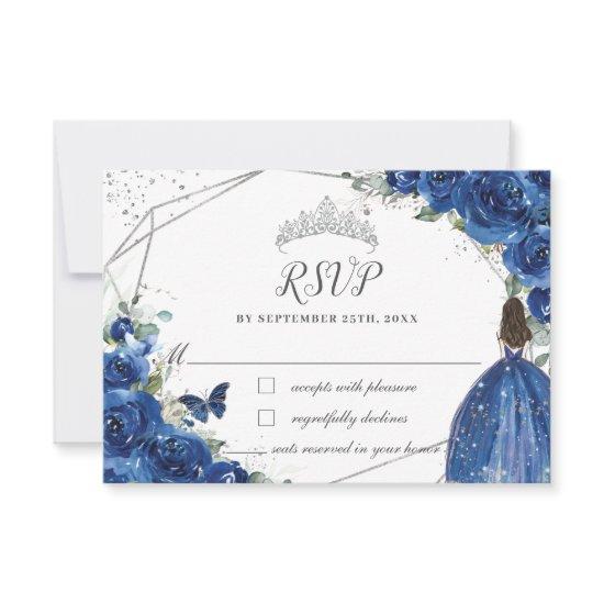 Royal Blue Floral Princess Gown Silver Quinceañera RSVP Card