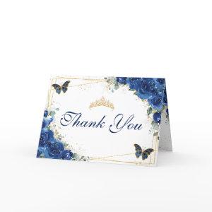 Royal Blue Floral Quinceañera Birthday Butterflies Thank You Card