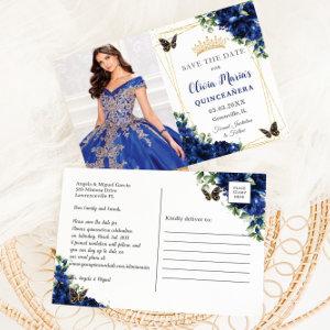 Royal Blue Floral Quinceañera Butterflies Picture  Announcement Postcard