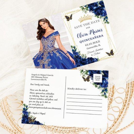 Royal Blue Floral Quinceañera Butterflies Picture  Announcement Postcard
