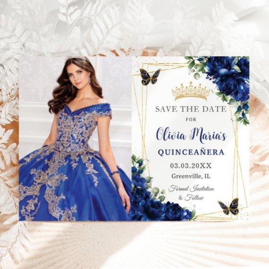 Royal Blue Floral Quinceañera Butterflies Picture Save The Date