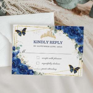 Royal Blue Floral Quinceañera Butterflies Reply  RSVP Card