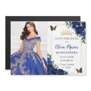 Royal Blue Floral Quinceañera Photo Save the Date Magnetic