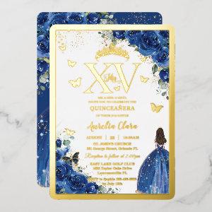 Royal Blue Floral Quinceañera Quince 15 XV Gold Foil