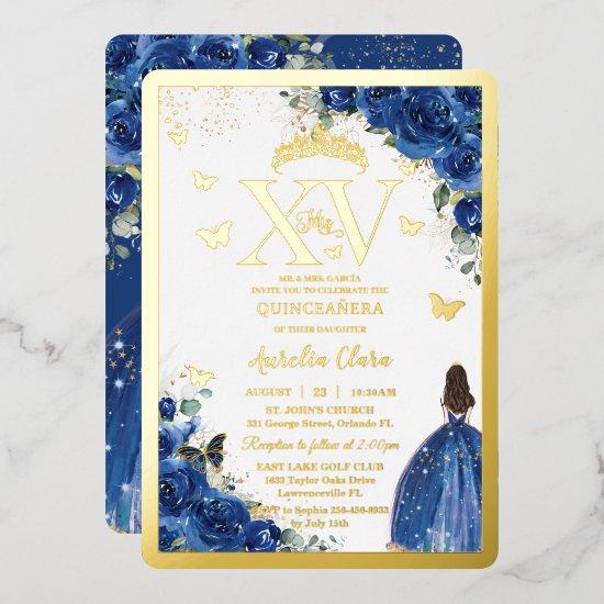 Royal Blue Floral Quinceañera Quince 15 XV Gold Foil