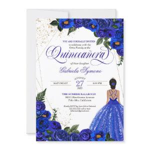 Royal Blue Floral Rose & Gold Elegant Quinceañera