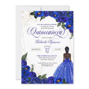 Royal Blue Floral Rose & Gold Elegant Quinceañera