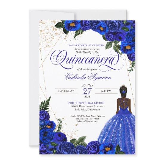 Royal Blue Floral Rose & Gold Elegant Quinceañera