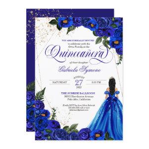 Royal Blue Floral Rose & Gold Elegant Quinceañera