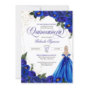 Royal Blue Floral Rose & Gold Elegant Quinceañera