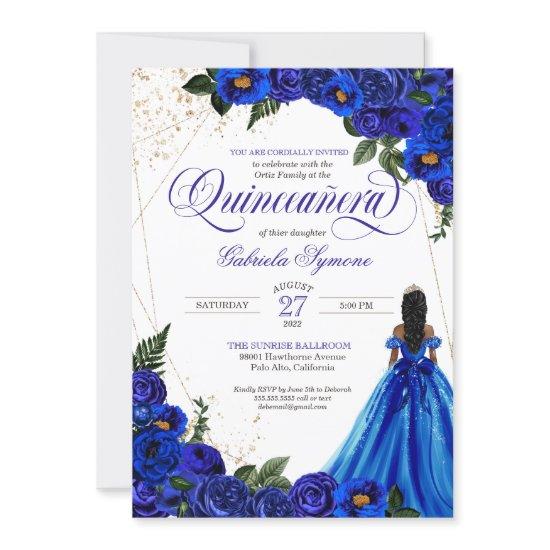 Royal Blue Floral Rose & Gold Elegant Quinceañera